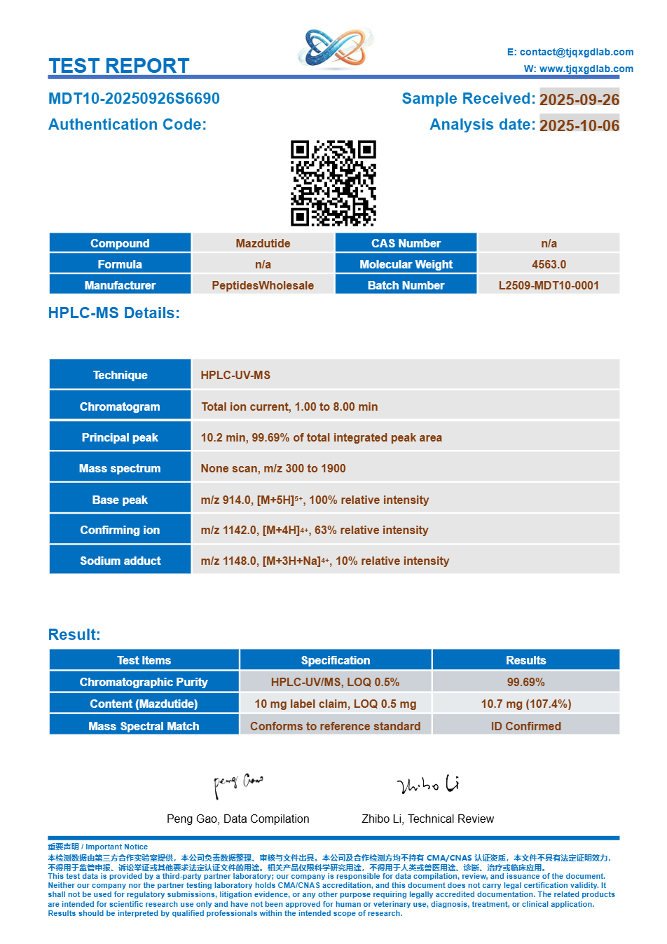 Analysecertificaat, Mazdutide 10 mg, batch MDT10-20250926S6690, 99.7% HPLC-zuiverheid