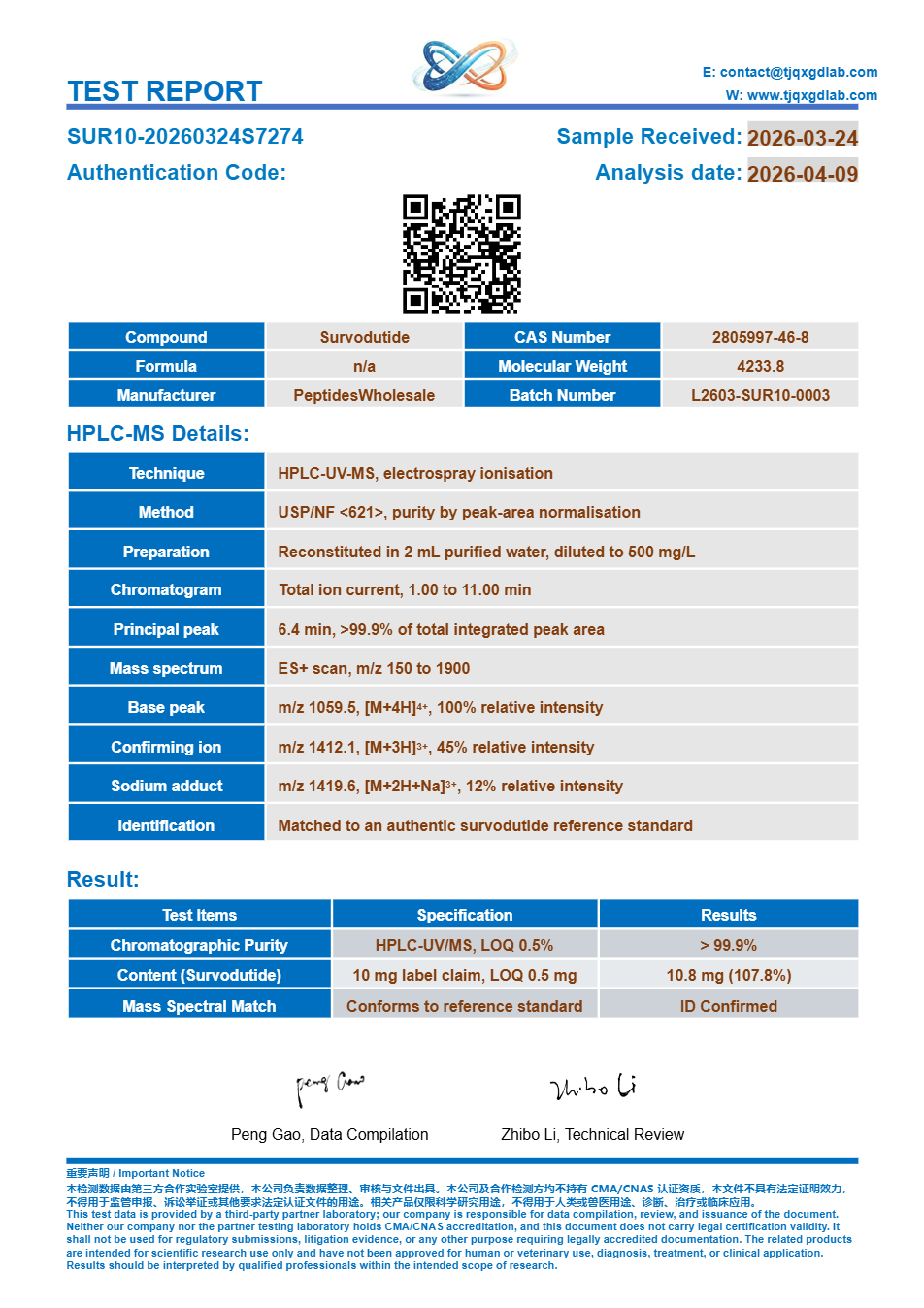 Analysecertificaat, Survodutide 10 mg, batch SUR10-20260324S7274, >99.9% HPLC-zuiverheid