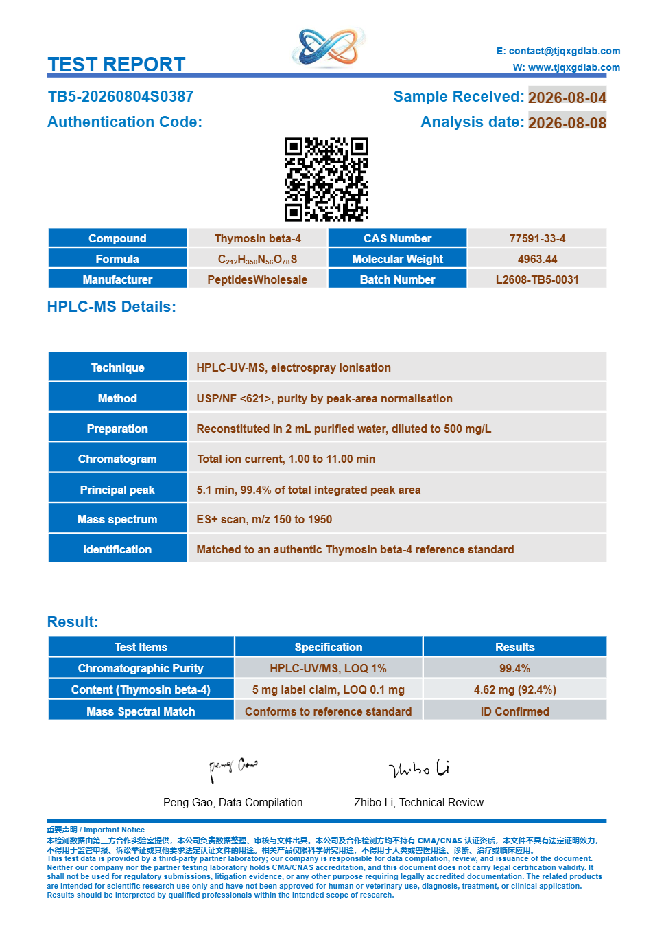 Analysecertificaat, Thymosin beta-4 5 mg, batch TB5-20260804S0387, 99.4% HPLC-zuiverheid