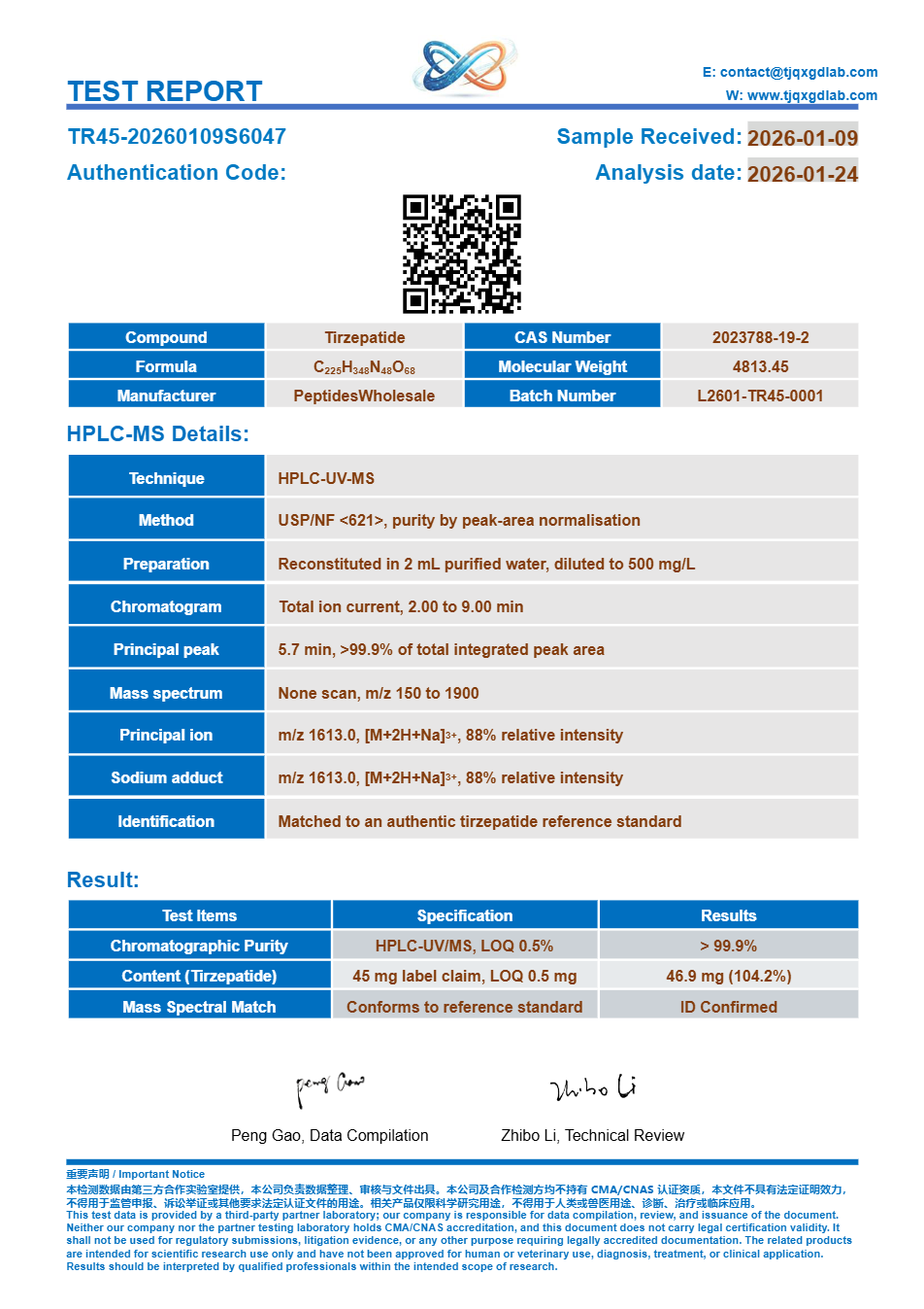 Analysecertificaat, Tirzepatide 45 mg, batch TR45-20260109S6047, >99.9% HPLC-zuiverheid