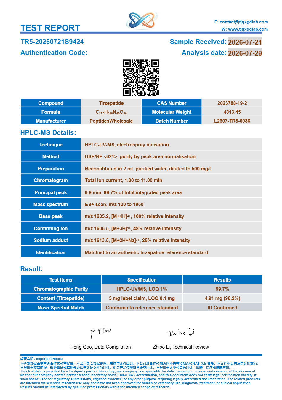 Analysecertificaat, Tirzepatide 5 mg, batch TR5-20260721S9424, 99.7% HPLC-zuiverheid
